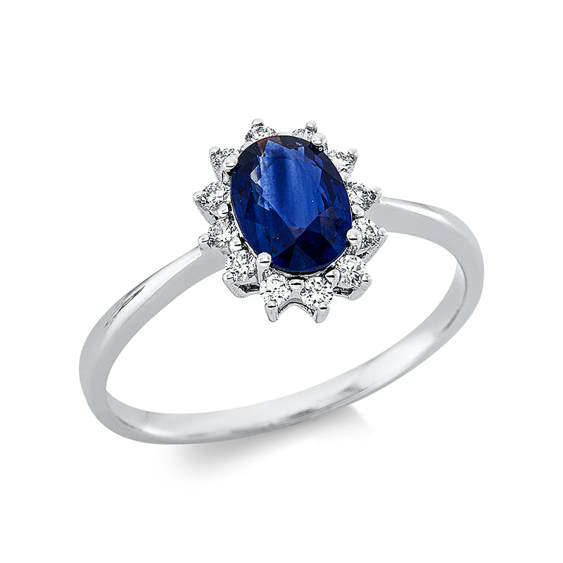 Ring 18 kt WG. 12 Brillanten 0.14 ct. TW-si. 1 Saphir 0.90 ct blau. Weite:53