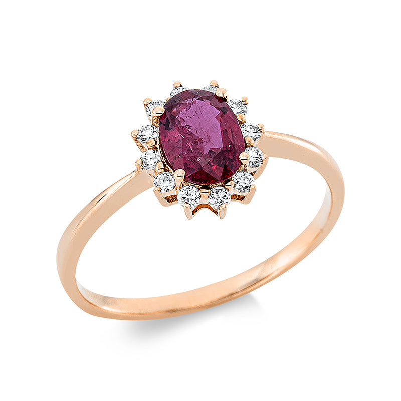 Ring 18 kt RG, 12 Brill. 0,14 ct, TW-si, 1 Rubin 0,90 ct rot