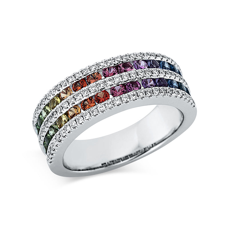 Ring 18 kt WG, 84 Brill. 0,34 ct, TW-si, 28 Saphire 1,11 ct multicolor