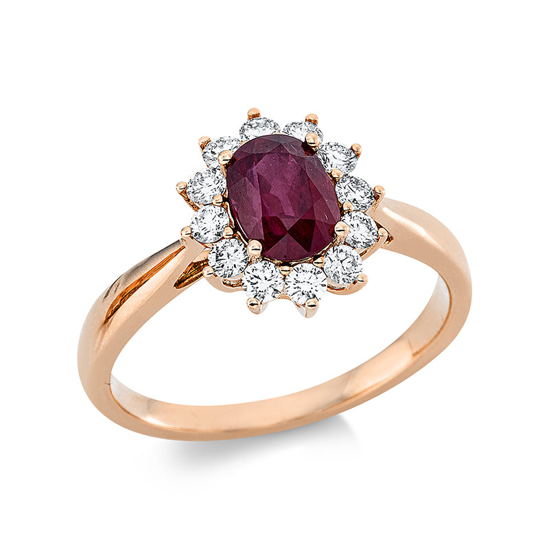 Ring 18 kt RG, 12 Brill. 0,40 ct, TW-si, 1 Rubin 1,27 ct rot