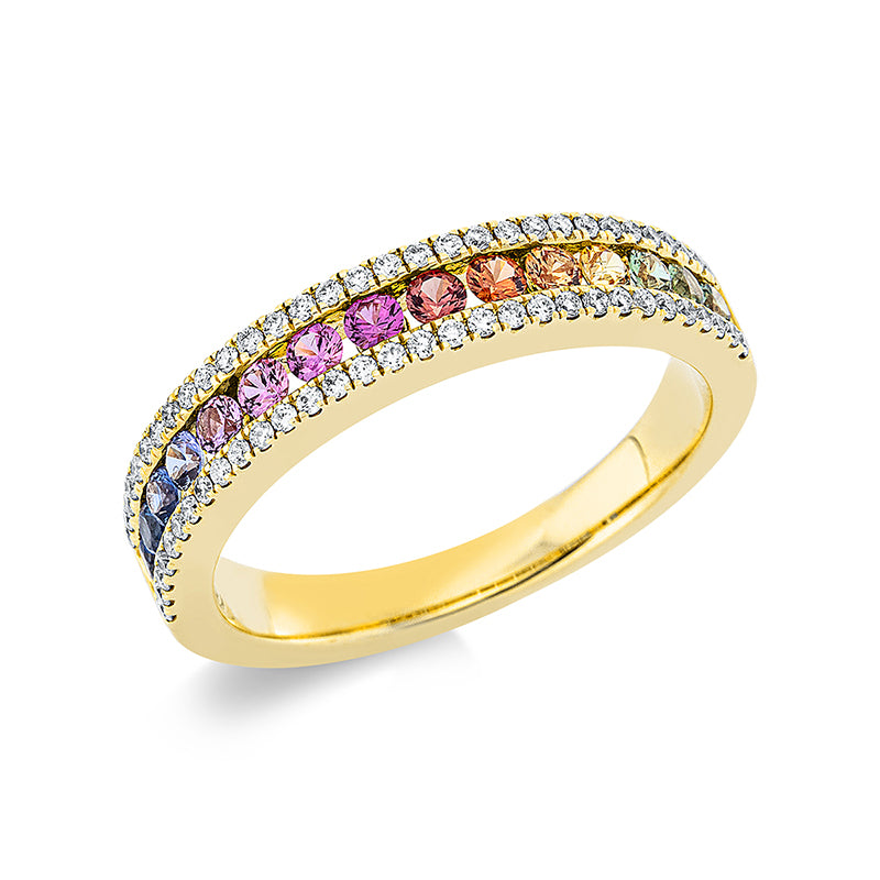 Ring 18 kt GG. 62 Brillanten 0.21 ct. TW-si. 15 Saphire 0.50 ct multicolor. B:4.0 mm. Weite:53