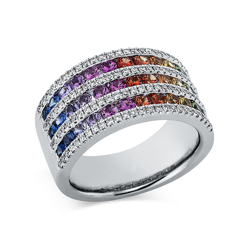 Ring 18 kt WG. 104 Brillanten 0.42 ct. TW-si. 36 Saphire 1.59 ct multicolor. B:11.1 mm. Weite:53