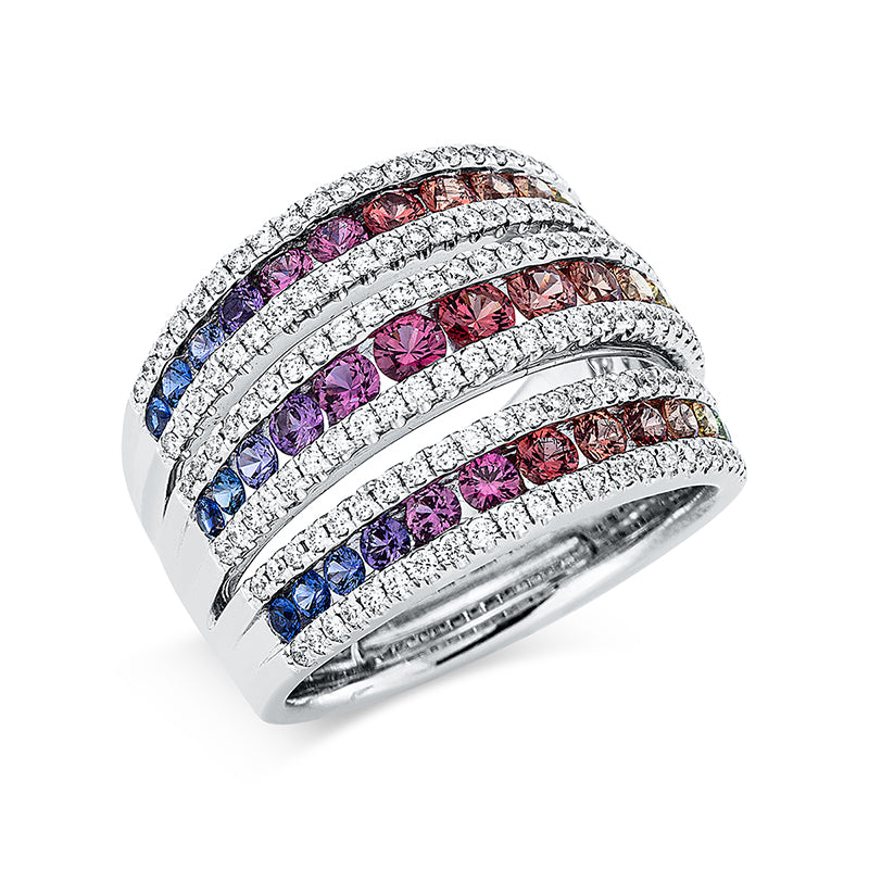 Ring 18 kt WG, 142 Brill. 0,69 ct, TW-si, 39 Saphire 1,76 ct multicolor