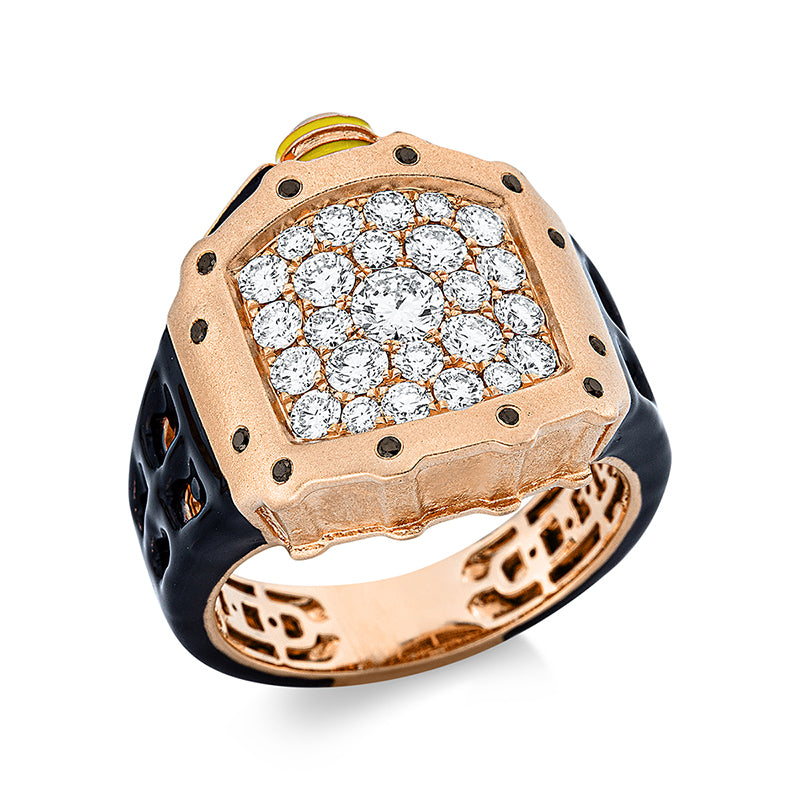 Ring 18 kt RG, 1 Brill. 0,24 ct, TW-si, 2 Trap. 0,08 ct, TW-si, 25 Brill. 1,02 ct, TW-si, 12 Brill. 0,07 ct, schwarz, Emaille 0,25 ct schwarz