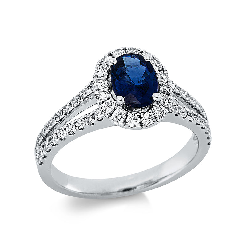 Ring 18 kt WG, 52 Brill. 0,58 ct, TW-si, 1 Saphir 1,01 ct blau
