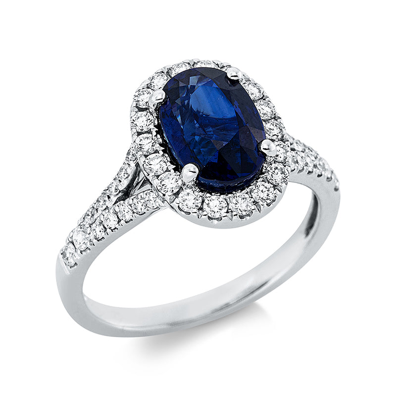 Ring 4er-Krappe 18 kt WG. 42 Brillanten 0.49 ct. TW-si. 1 Saphir 2.45 ct blau. H:9.9 mm. B:12.8 mm. Weite:53