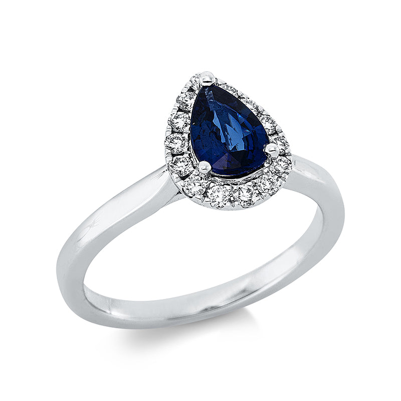 Ring 18 kt WG, 14 Brill. 0,22 ct, TW-si, 1 Saphir 0,82 ct blau