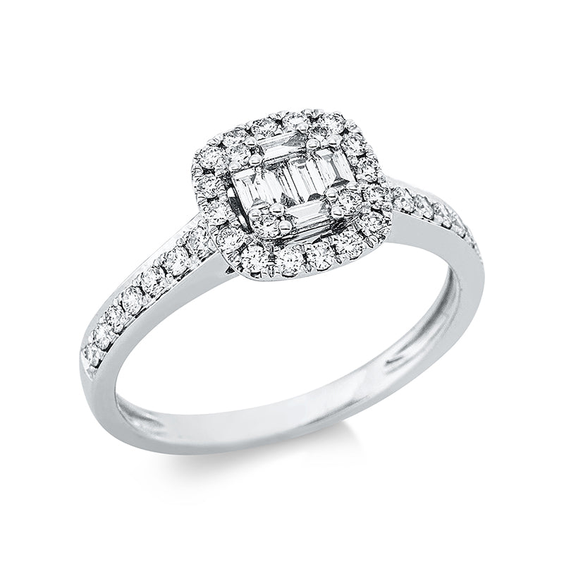 Ring 18 kt WG. 6 Baguette 0.12 ct. TW-si. 34 Brillanten 0.31 ct. TW-si. H:8.6 mm. B:8.4 mm. Weite:53
