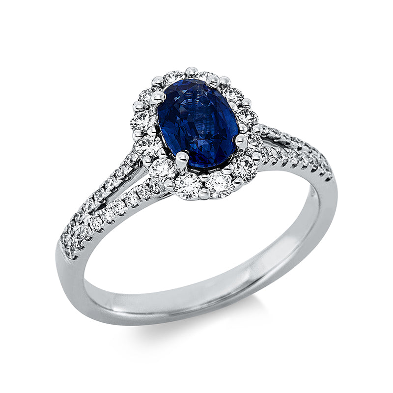 Ring 18 kt WG, 48 Brill. 0,48 ct, TW-si, 1 Saphir 1,10 ct blau