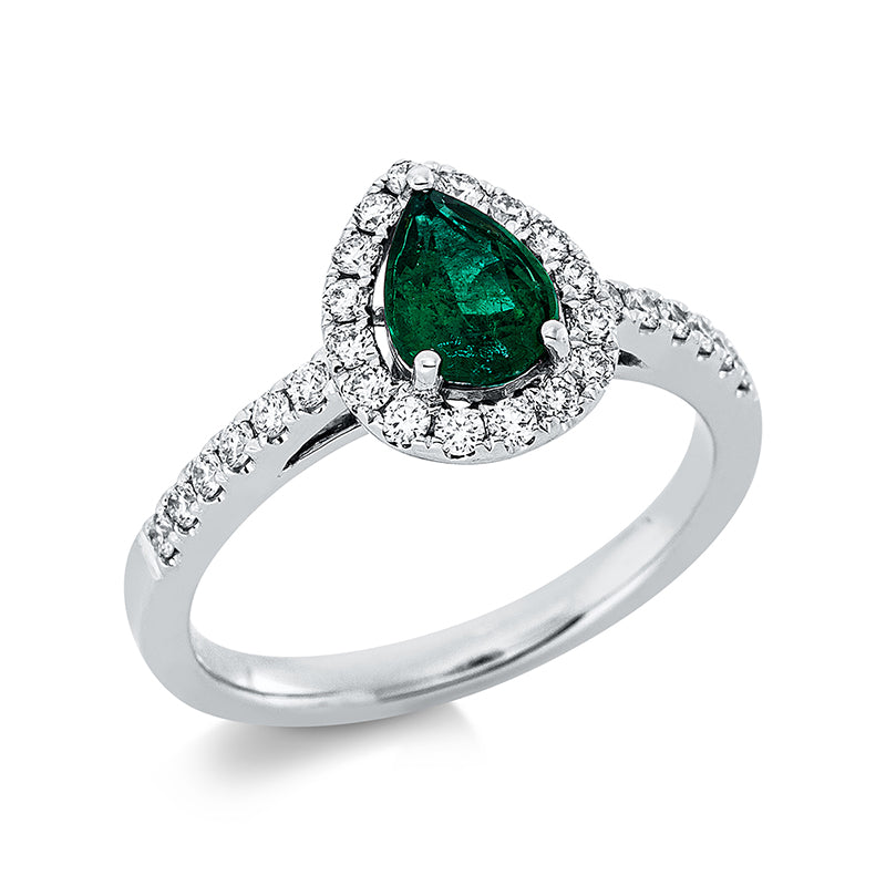 Ring 18 kt WG, 28 Brill. 0,33 ct, TW-si, 1 Smaragd 0,62 ct grün