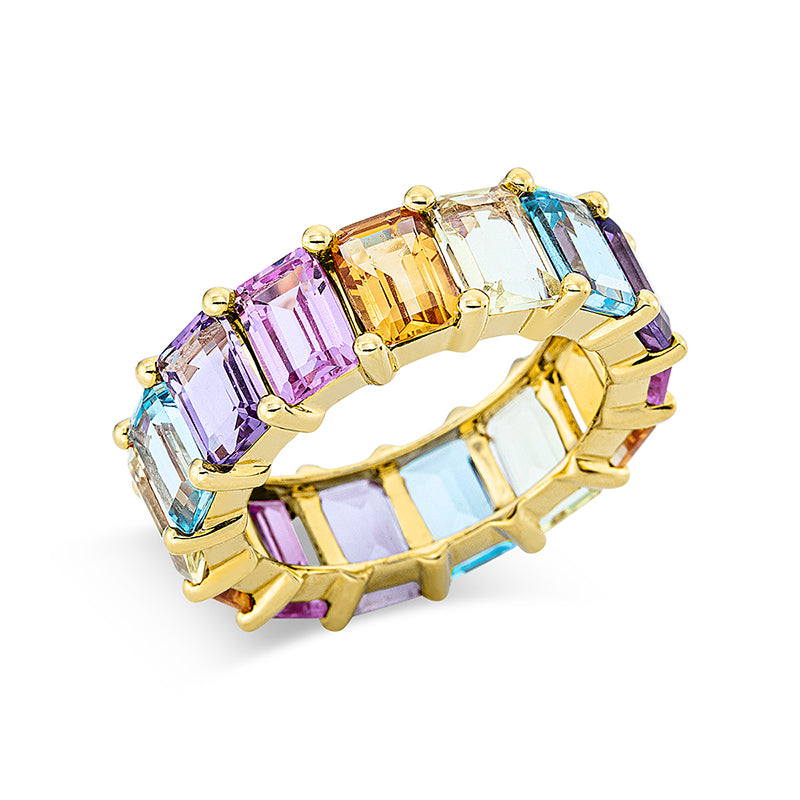 Ring 18 kt GG, 3 Lemonquarz 1,44 ct, 3 Topase 2,00 ct blau, 3 Amethyste 1,50 ct lila, 3 Citrin 1,52 ct gelb