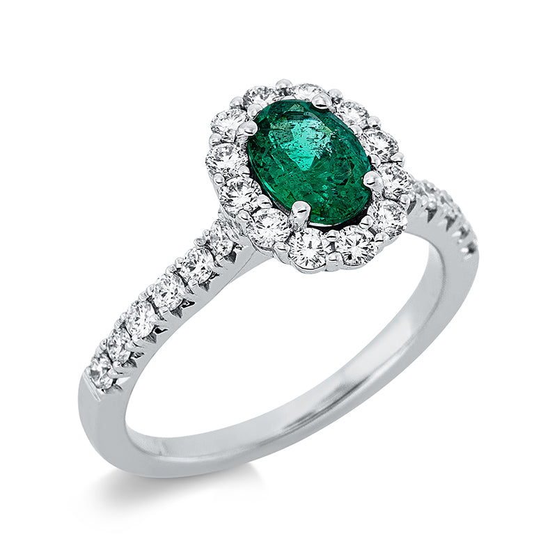 Ring 18 kt WG, 24 Brill. 0,62 ct, TW-si, 1 Smaragd 0,79 ct grün