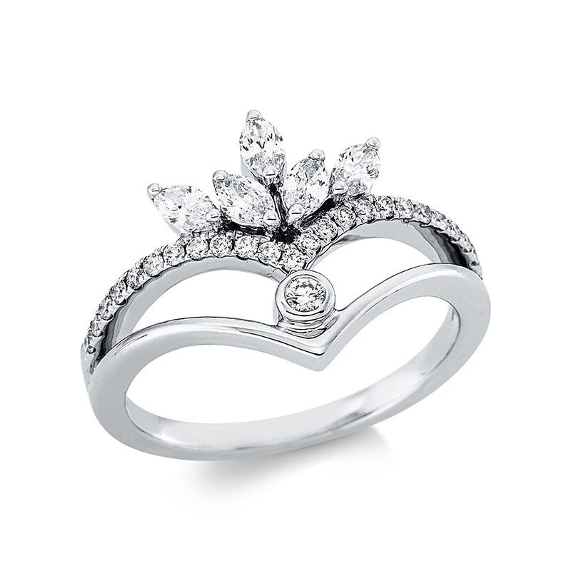 Ring 18 kt WG, 1 Brill. 0,03 ct, TW-si, 5 Nav. 0,37 ct, TW-vsi, 25 Brill. 0,16 ct, TW-si