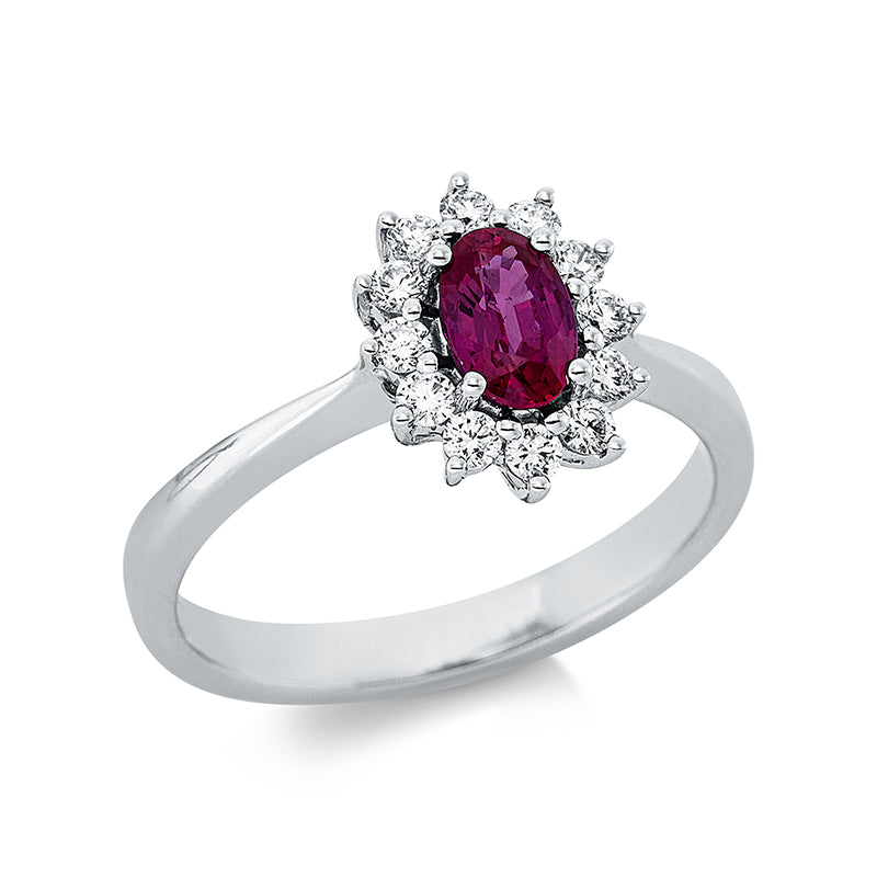 Ring 18 kt WG, 12 Brill. 0,27 ct, TW-si, 1 Rubin 0,55 ct rot