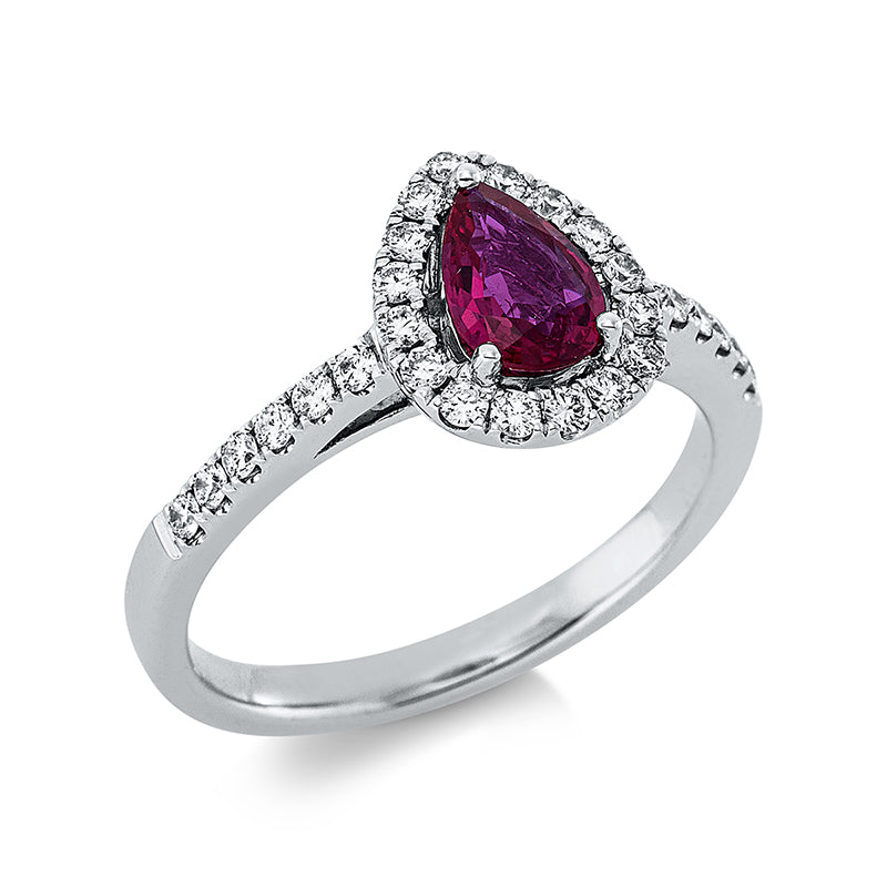 Ring 3er-Krappe 18 kt WG. 28 Brillanten 0.33 ct. TW-si. 1 Rubin 0.58 ct rot. H:8.5 mm. B:10.4 mm. Weite:53