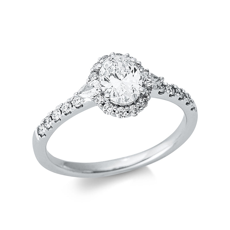 Ring 18 kt WG. 2 Brillanten 0.10 ct. TW-si. 1 Oval 0.59 ct. TW-si. 22 Brillanten 0.25 ct. TW-si. Weite:53