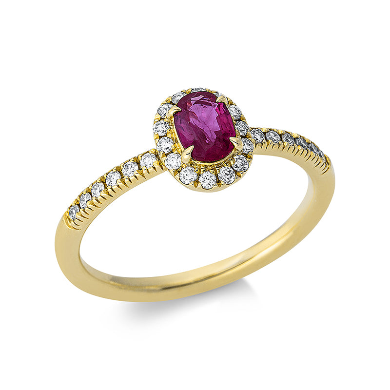 Ring 18 kt GG, 26 Brill. 0,20 ct, TW-si, 1 Rubin 0,43 ct rot
