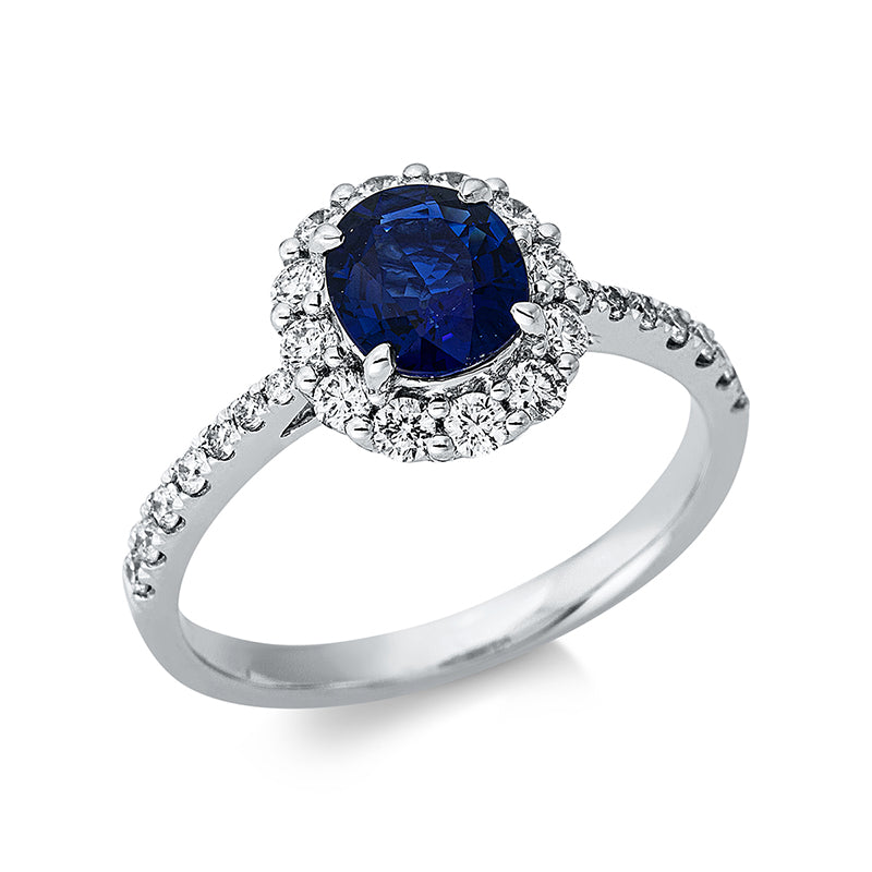Ring 18 kt WG, 12 Brill. 0,32 ct, TW-si, 14 Brill. 0,16 ct, TW-si, 1 Saphir 1,08 ct blau