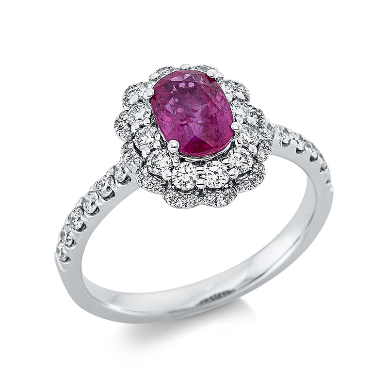 Ring 18 kt WG. 12 Brillanten 0.31 ct. W-pi. 48 Brillanten 0.28 ct. W-pi. 1 Rubin 1.28 ct rot. Weite:53
