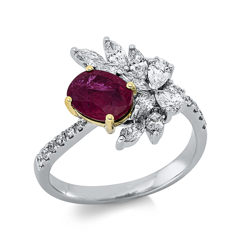 Ring 18 kt WG+GG. 1 Brill. 0.03 ct. W-pi. 13 Brillanten 0.15 ct. W-pi. 8 Navette 0.57 ct. W-pi. 2 Tropfen 0.20 ct. W-pi. 1 Rubin 1.28 ct rot. Weite:53