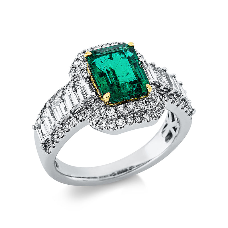 Ring 18 kt WG+GG. 10 Baguette 1.29 ct. TW-vsi/si. 70 Brillanten 0.49 ct. TW-vsi/si. 1 Smaragd 2.12 ct grün. Weite:53