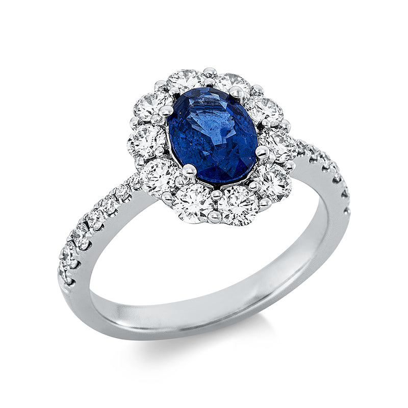 ABVERKAUF Ring 18 kt WG, 10 Brill. 0,82 ct, TW-si, 14 Brill. 0,23 ct, TW-si, 1 Saphir 1,28 ct blau