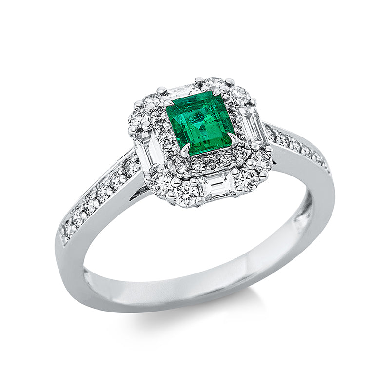 Ring 18 kt WG. 4 Baguette 0.20 ct. TW-si. 38 Brillanten 0.33 ct. TW-si. 1 Smaragd 0.38 ct grün. Weite:53