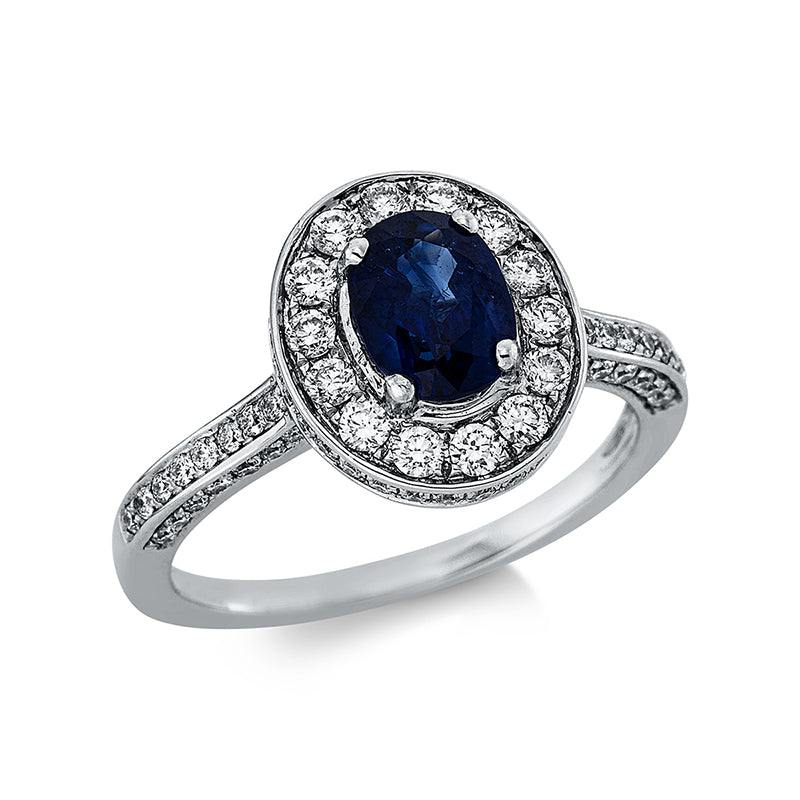 Ring 18 kt WG, 14 Brill. 0,32 ct, TW-si, 88 Brill. 0,48 ct, TW-si, 1 Saphir 1,31 ct blau