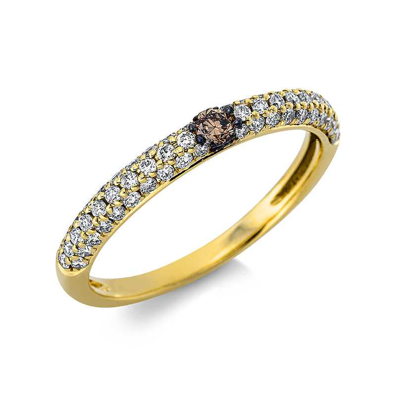 Ring 18 kt GG, 60 Brill. 0,43 ct, TW-si, 1 Brill. 0,07 ct, braun