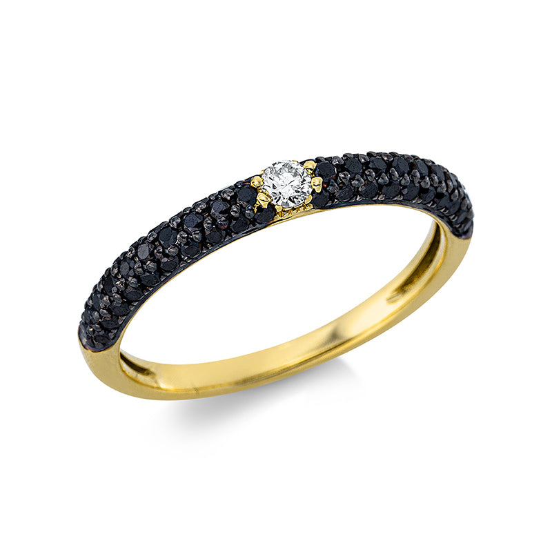 Ring 18 kt GG, Fassung teils schwarz rhodinie, 1 Brill. 0,07 ct, TW-si, 4 Brill. 0,03 ct, schwarz, 56 Brill. 0,44 ct, schwarz