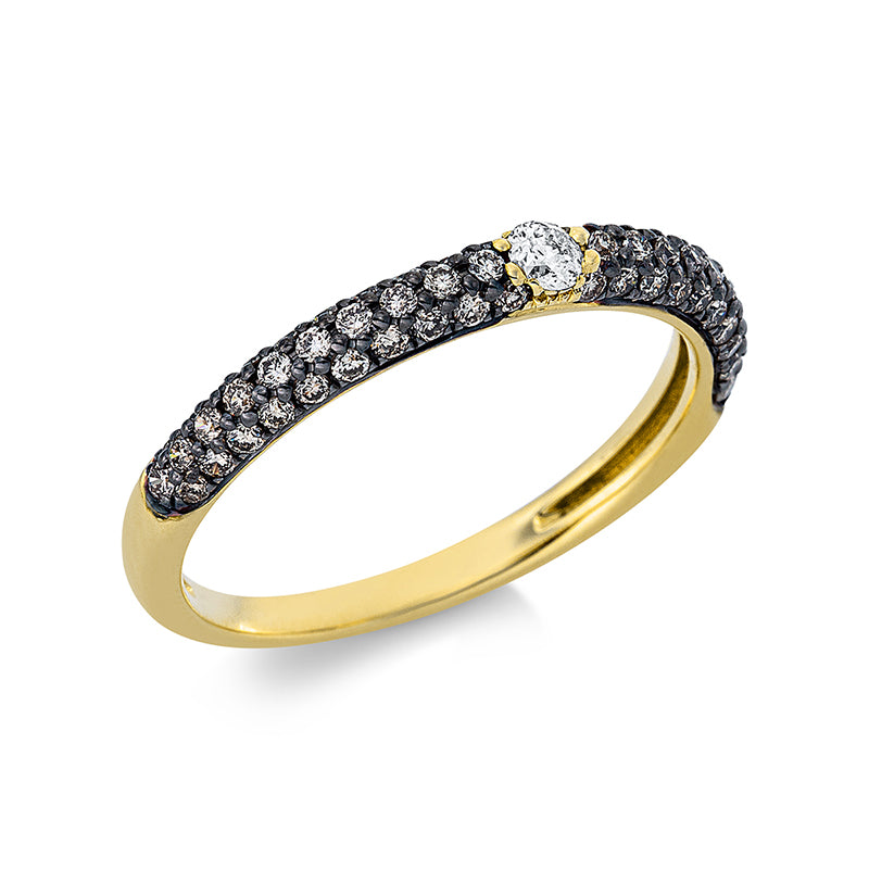 Ring 18 kt GG. Fassung teils schwarz rhodinie. 1 Brill. 0.07 ct. TW-si. 4 Brillanten 0.03 ct. braun. 56 Brillanten 0.41 ct. braun. Weite:54