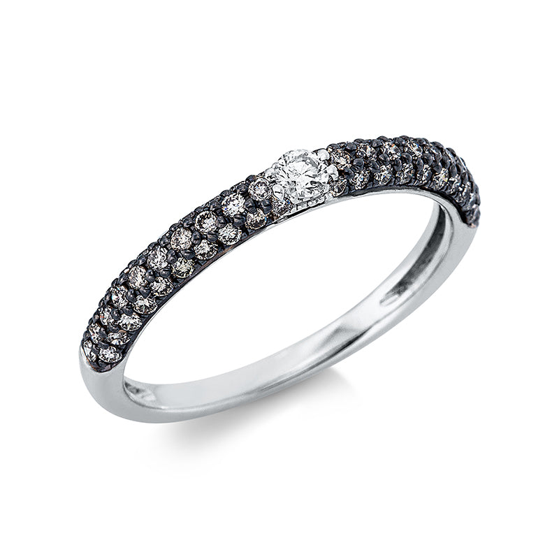 Ring 18 kt WG. Fassung teils schwarz rhodinie. 1 Brill. 0.07 ct. TW-si. 4 Brillanten 0.03 ct. braun. 56 Brillanten 0.40 ct. braun. Weite:54