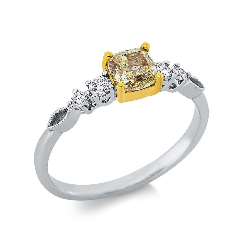 Ring 18 kt WG+GG. 4 Brillanten 0.15 ct. TW-si. 1 Brill. 0.68 ct. gelb. Weite:53