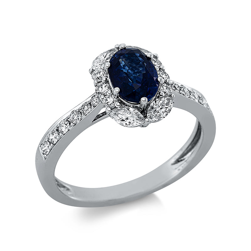Ring 18 kt WG. 4 Navette 0.26 ct. TW-si. 18 Brillanten 0.27 ct. TW-si. 1 Saphir 1.18 ct blau. Weite:53