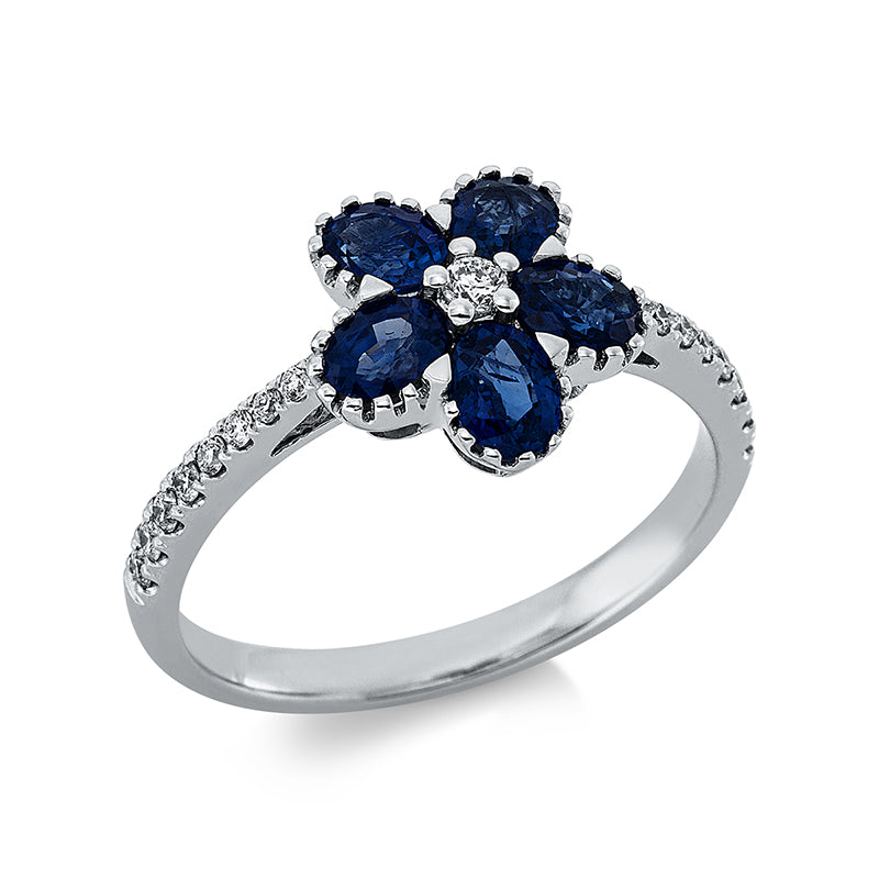 Ring 18 kt WG, 1 Brill. 0,03 ct, W-pi, 16 Brill. 0,13 ct, W-pi, 5 Saphire 1,26 ct blau