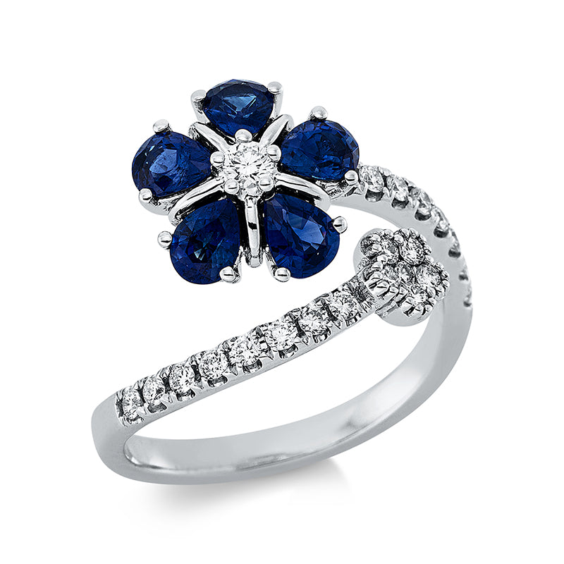 Ring 18 kt WG, 1 Brill. 0,06 ct, TW-si, 22 Brill. 0,28 ct, TW-si, 5 Saphire 1,22 ct blau