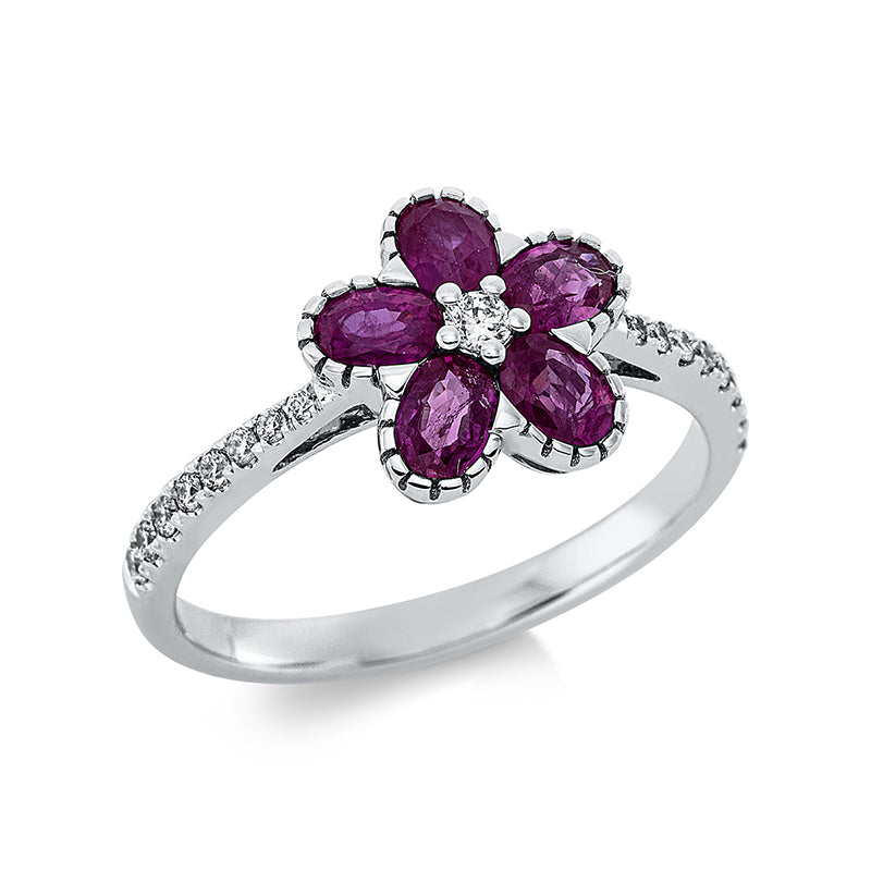Ring 18 kt WG, 1 Brill. 0,03 ct, W-pi, 16 Brill. 0,14 ct, W-pi, 5 Rubine 1,16 ct rot