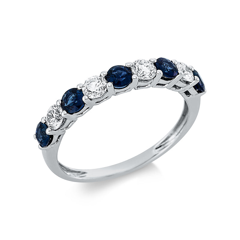 Ring 18 kt WG. 4 Brillanten 0.46 ct. W-pi. 5 Saphire 0.61 ct blau. B:3.1 mm. Weite:53
