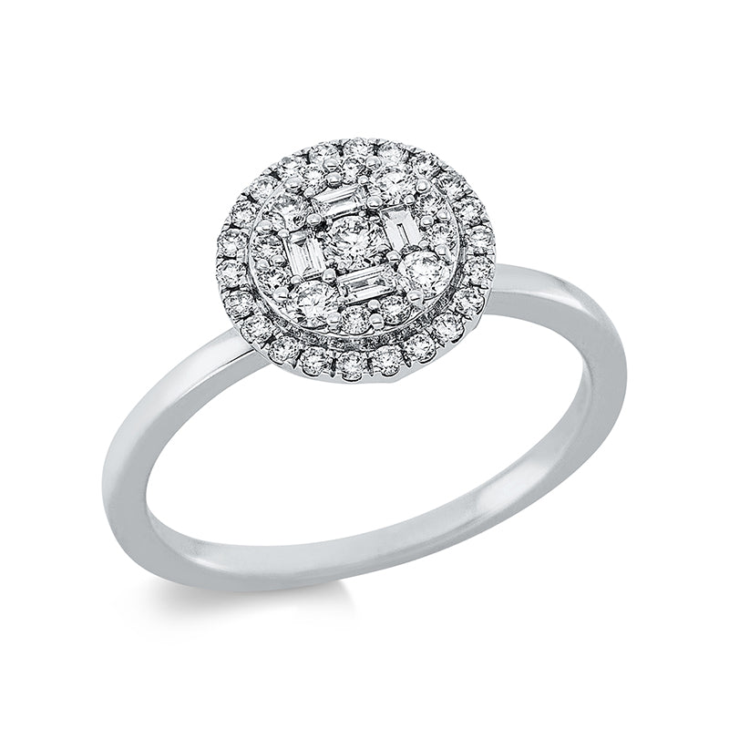 Ring 18 kt WG, 5 Brill. 0,15 ct, TW-si, 4 Bag. 0,06 ct, TW-si, 30 Brill. 0,19 ct, TW-si