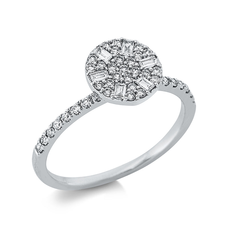 Ring 18 kt WG, 6 Bag. 0,13 ct, TW-si, 52 Brill. 0,31 ct, TW-si, 41 Brill. 0,28 ct, TW-si