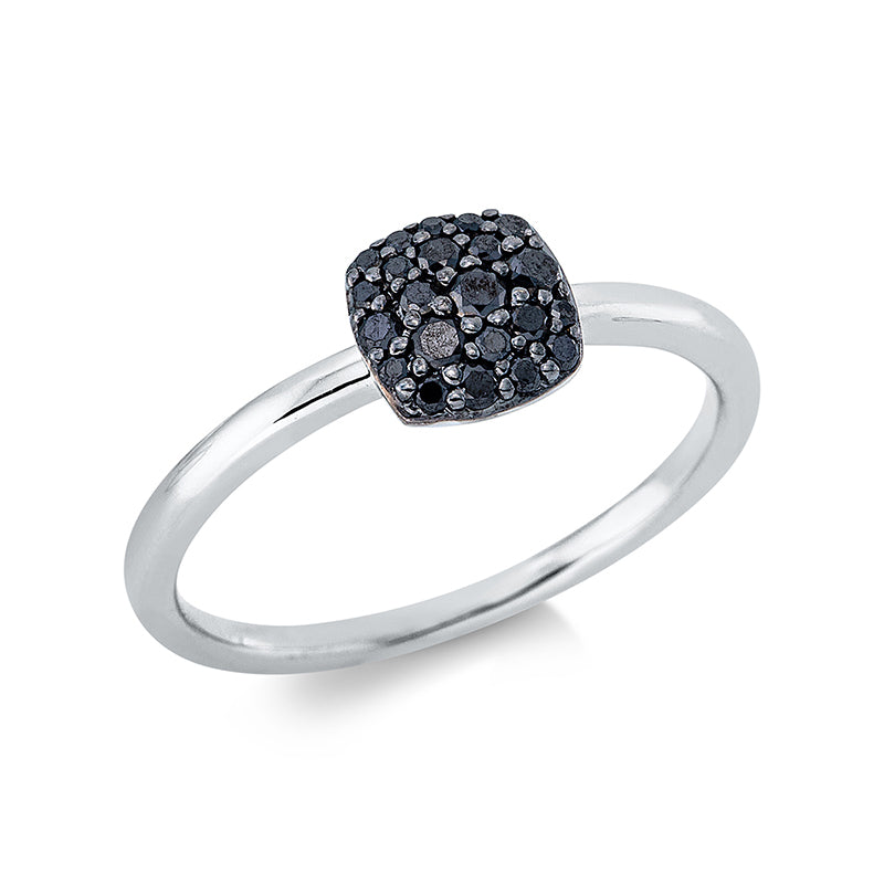 Ring 18 kt WG. Fassung teils schwarz rhodinie. 2 Brillanten 0.07 ct. schwarz. 8 Brillanten 0.04 ct. schwarz. 12 Brillanten 0.15 ct. schwarz. Weite:54