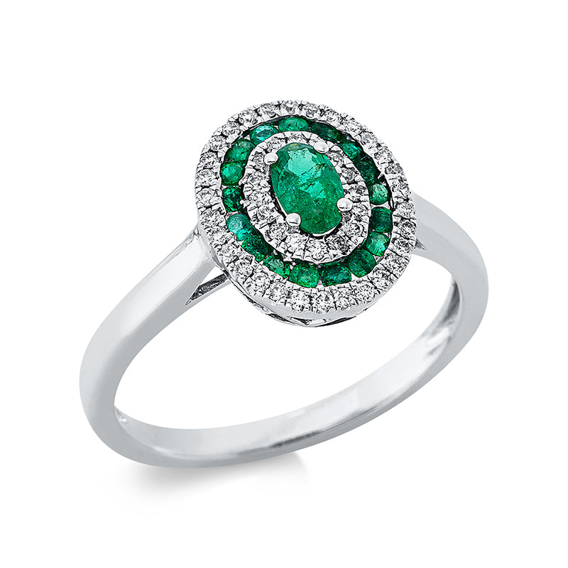 Ring 18 kt WG, 46 Brill. 0,17 ct, TW-si, 1 Smaragd 0,24 ct grün, 17 Smaragde 0,16 ct grün