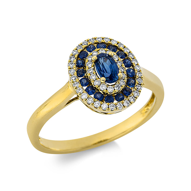 Ring 18 kt GG, 46 Brill. 0,17 ct, TW-si, 16 Saphire 0,22 ct blau, 1 Saphir 0,34 ct blau