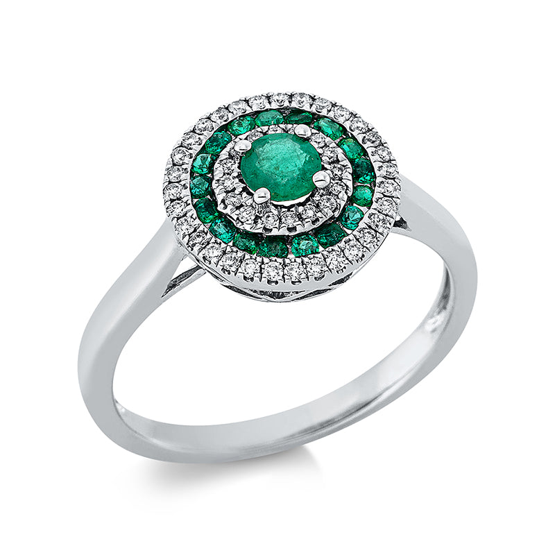 Ring 18 kt WG. 47 Brillanten 0.16 ct. TW-si. 1 Smaragd 0.21 ct grün. 17 Smaragde 0.20 ct grün. Weite:54