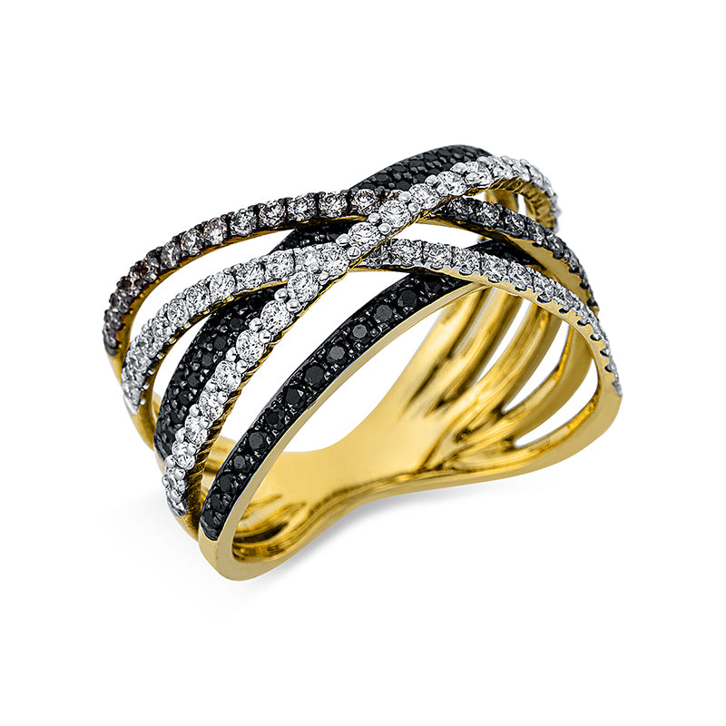 Ring 18 kt GG+WG. Fassung teils schwarz rhodinie. 47 Brillanten 0.46 ct. TW-si. 25 Brillanten 0.21 ct. braun. 78 Brillanten 0.34 ct. schwarz. Weite:54