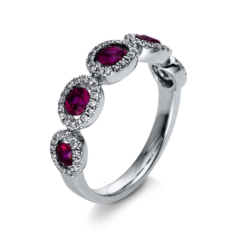 Ring 18 kt WG. 76 Brillanten 0.22 ct. TW-vsi/si. 5 Rubine 0.93 ct rot. Weite:53