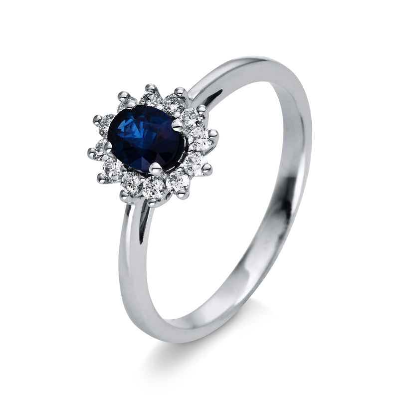 Ring 18 kt WG, 12 Brill. 0,17 ct, TW-si, 1 Saphir 0,39 ct blau