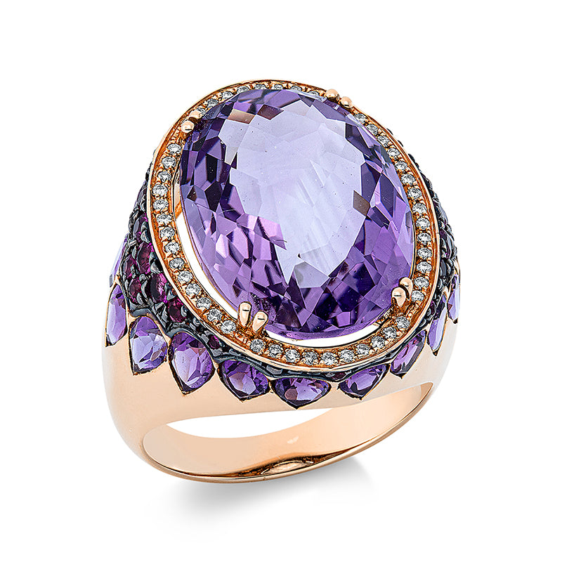 Ring 18 kt RG, tls. schw. rho, 48 Brill. 0,14 ct, TW-si, 19 Amethyste 16,19 ct lila, 20 Rubine 0,45 ct rot
