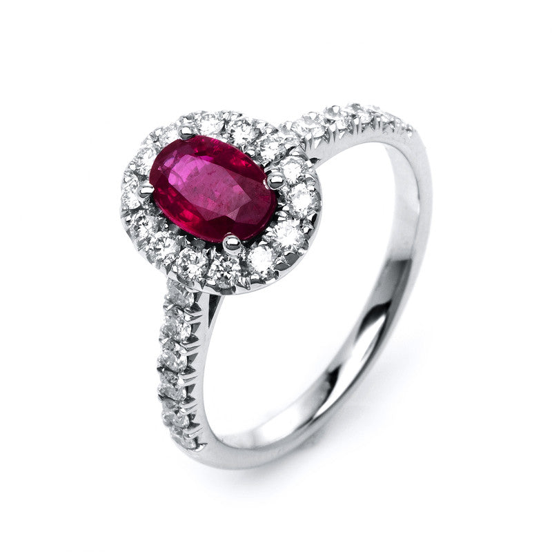 Ring 18 kt WG, 26 Brill. 0,53 ct, TW-si, 1 Rubin 1,00 ct rot