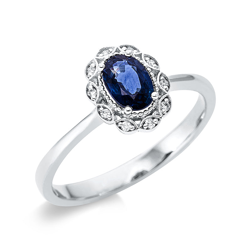 Ring 18 kt WG, 10 Brill. 0,04 ct, I-si, 1 Saphir 0,60 ct blau